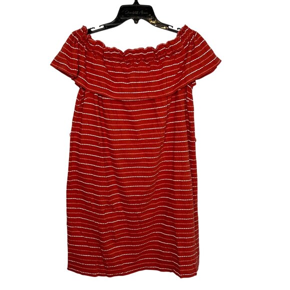 Loft Beach Off The Shoulder Dress Size Large Brick Red & White Striped Vacation - Picture 1 of 8